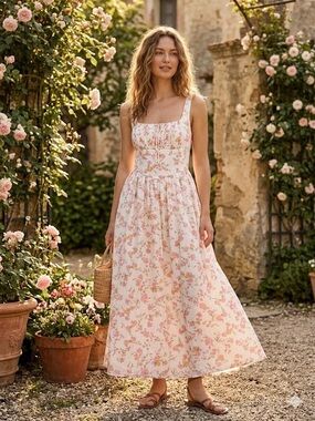 Floral Pink Square-Neck Midi Dress